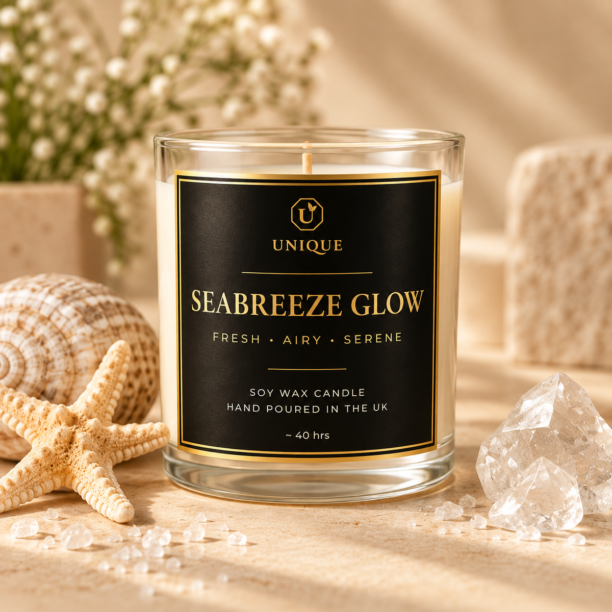 Seabreeze Glow luxury scented soy wax candle hand-poured in the UK