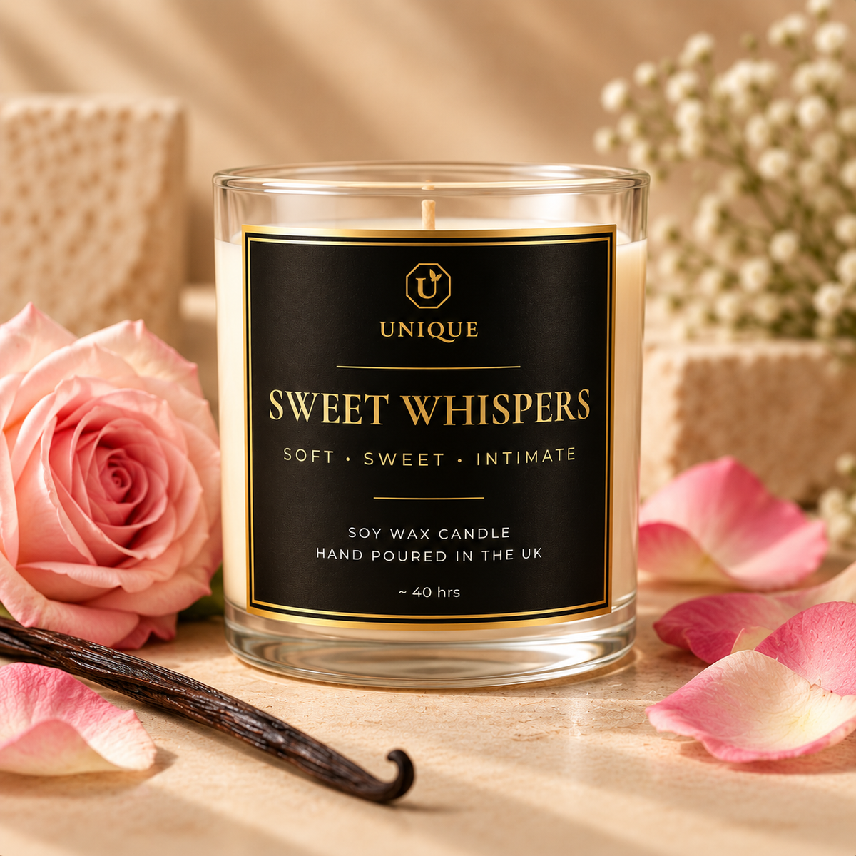 Sweet Whispers luxury scented soy wax candle hand-poured in the UK