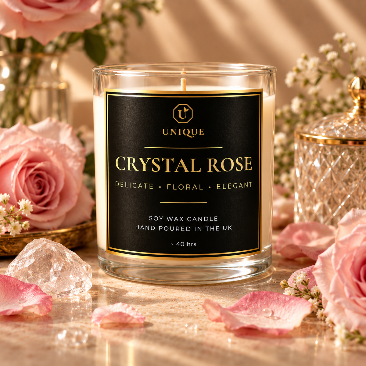 Crystal Rose luxury scented soy wax candle hand-poured in the UK