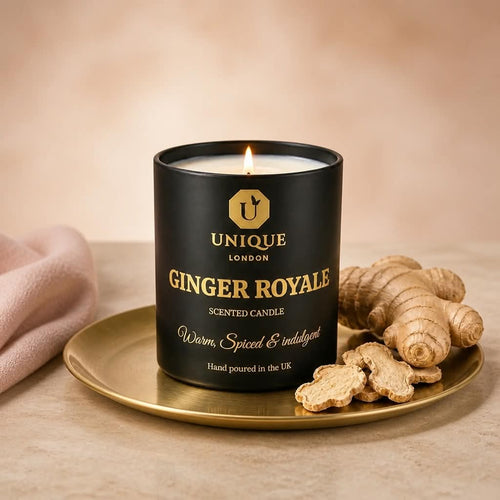 Ginger Royale scented soy wax candle with warm spicy fragrance