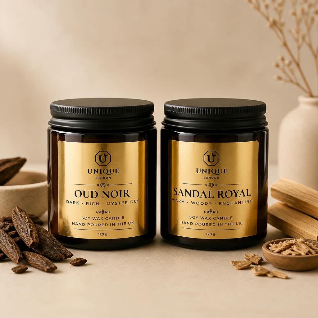 Nights of Arabia luxury candle gift set with Oud Noir and Sandal Royal candles